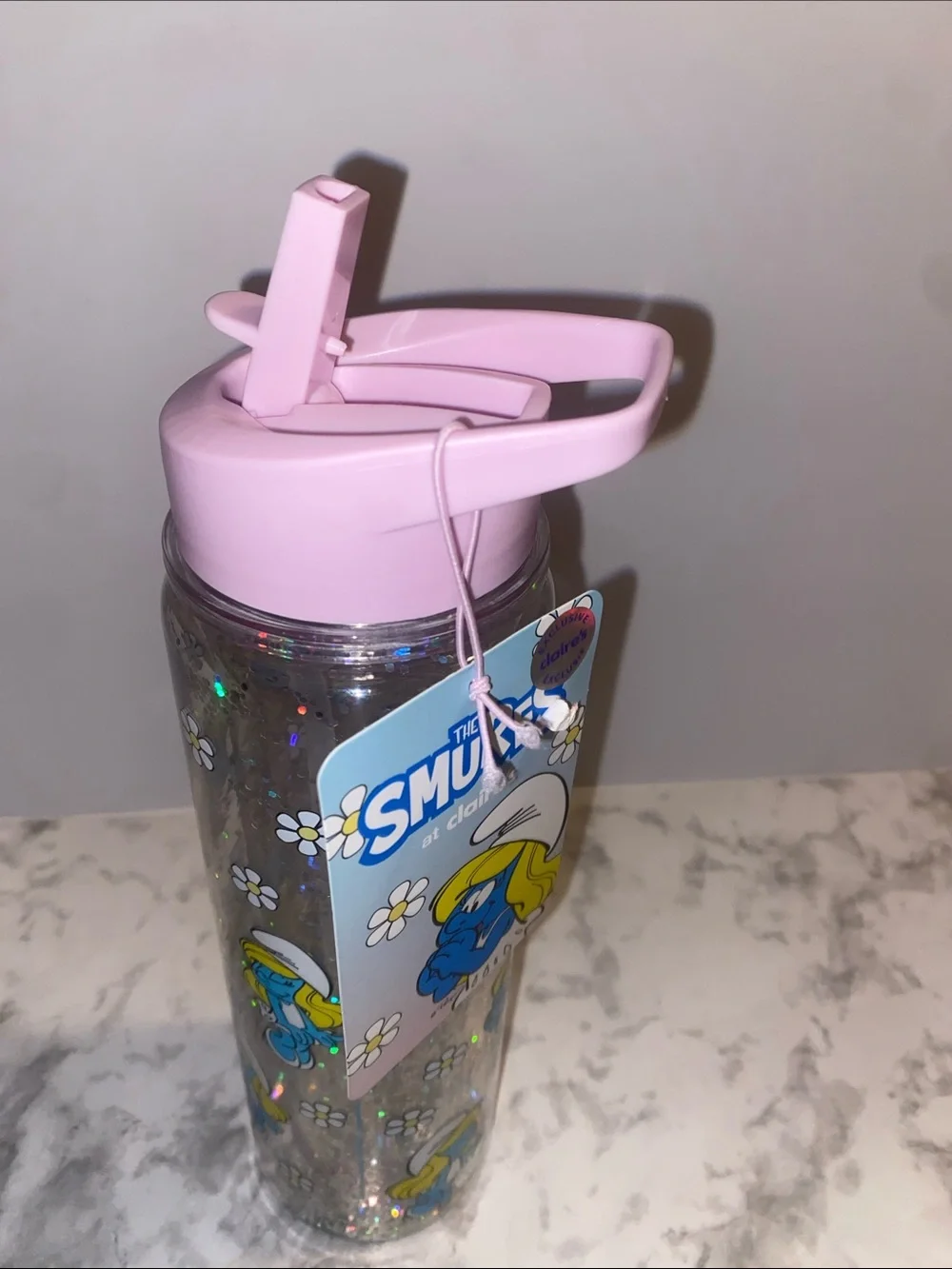 Claire's Pink Smurf Glitter Flip Straw Water Bottle
